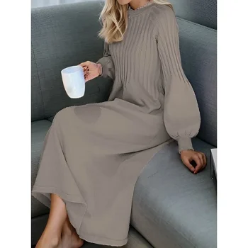 Women's Sweater Dress Knit Dress Jumper Dress Midi Dress Knitwear Fashion Daily Pure Color Outdoor Daily Vacation Going out Crew Neck Long Sleeve Ruched Patchwork Regular Fit Black khaki Apricot