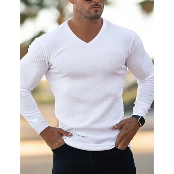 Men's T shirt Tee Tee Top Long Sleeve Shirt Plain Pit Strip V Neck Street Vacation Long Sleeve Knitted Ribbed Clothing Apparel Fashion Designer Basic