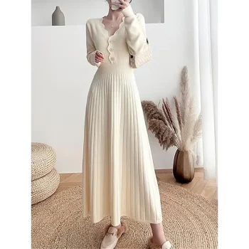 Women's Sweater Dress Knit Dress Jumper Dress Long Dress Maxi Dress Knitwear Fashion Daily Plain Outdoor Casual Holiday Vacation V Neck Long Sleeve Ruched Button Loose Fit Black White khaki One