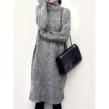 Women's Sweater Dress Jumper Dress Winter Dress Midi Dress Knitwear Warm Fashion Pure Color Outdoor Holiday Vacation Going out Turtleneck Long Sleeve Loose Fit Gray One Size