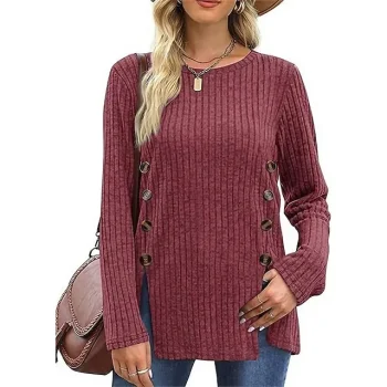 T shirt Tee Women's Black Red Blue Solid / Plain Color Button Split Daily Fashion Round Neck Regular Fit S