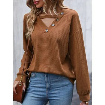 Shirt Blouse Women's Black White Wine Solid / Plain Color Button Daily Fashion V Neck Regular Fit S