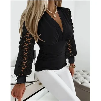 Women's Lace Shirt Blouse Plain Casual Lantern Sleeve Black White Lace Cut Out Long Sleeve Elegant V Neck Form Fit Autumn / Fall