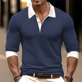 Men's Button Up Polos Polo Shirt Casual Sports Lapel Long Sleeve Fashion Basic Color Block Button Spring & Fall Regular Fit Black Navy Blue Orange Gray Button Up Polos