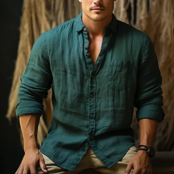 Men's Shirt Linen Shirt Button Up Shirt Casual Shirt Blue Army Green Long Sleeve Plain Lapel Spring & Fall Casual Daily Clothing Apparel Pocket