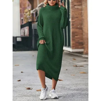 Women's Sweater Dress Jumper Dress Winter Dress Midi Dress Warm Fashion Casual Plain Outdoor Daily Vacation Going out Turtleneck Long Sleeve Loose Fit Black Brown Green XS S M L XL XXL